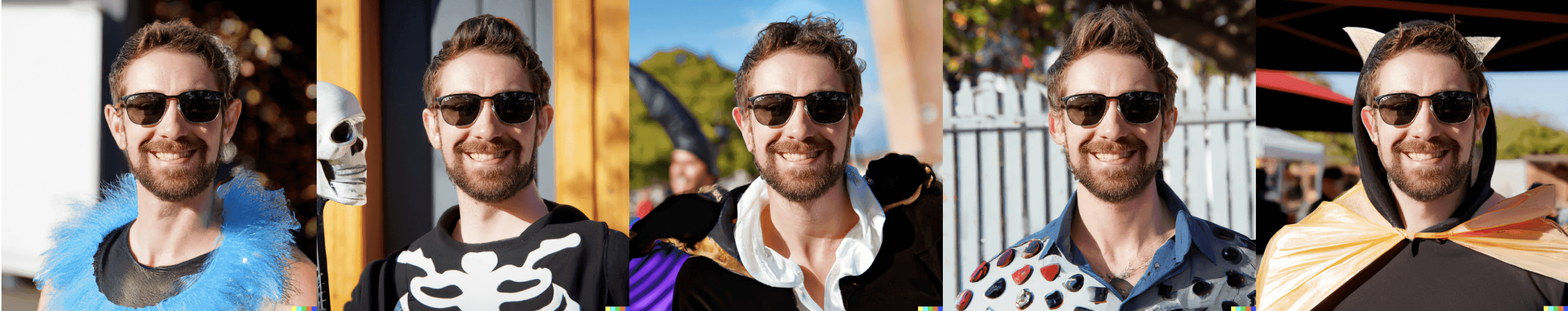 5 photos side by side of a male dressed in (from left to right) a blue boa, a skeleton outfit, royal clothes, a shirt covered in small stones, and a cape with ears