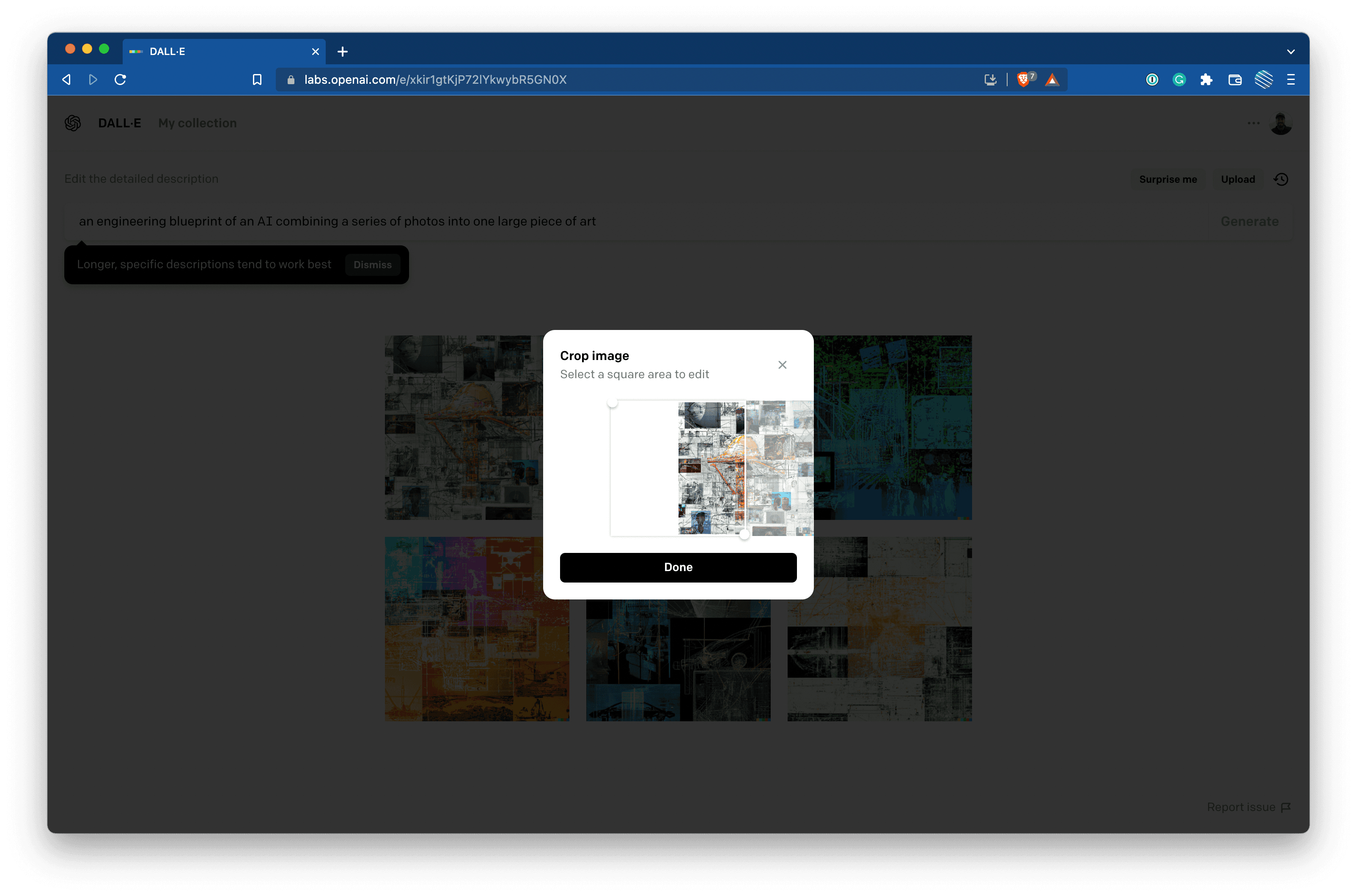 A screnshot of the DALL·E 2 upload UI allowing the user to crop an image