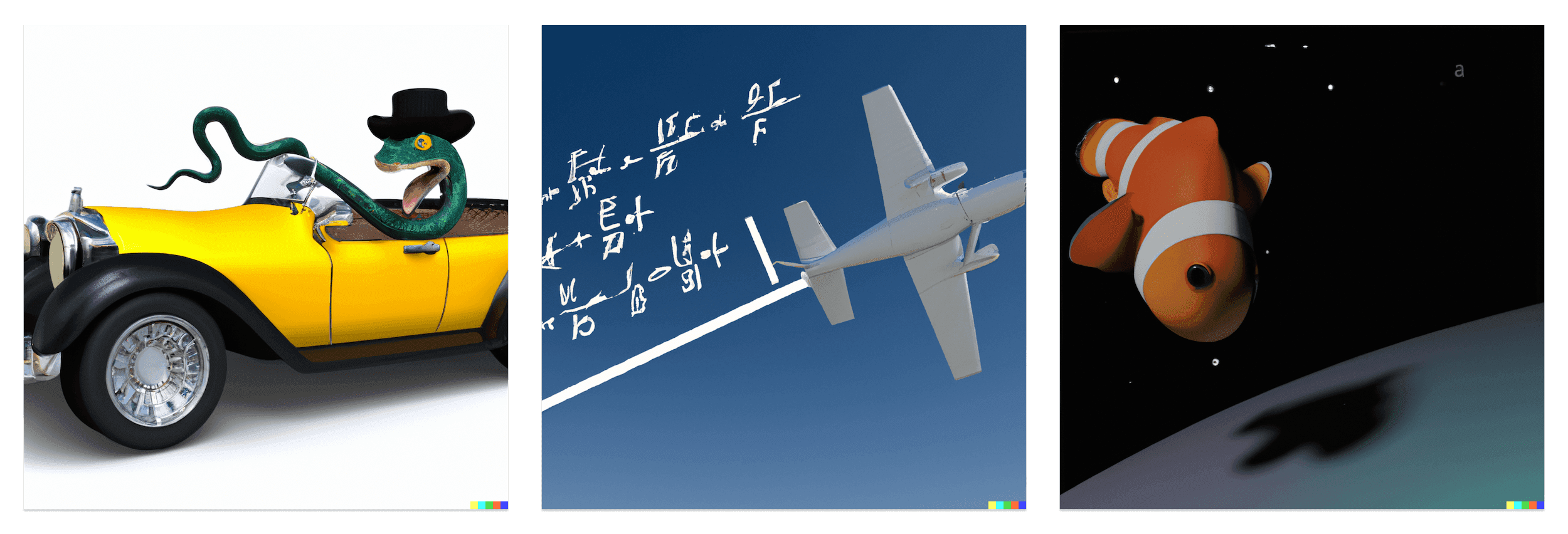 From right to left: a rendering of a large yellow car with a snake driving it wearing a tophat, a rendering of an airplane flying with nonsensical match symbols in the sky behind it, and a clownfish with stars in the background looking down at the surface of a planet