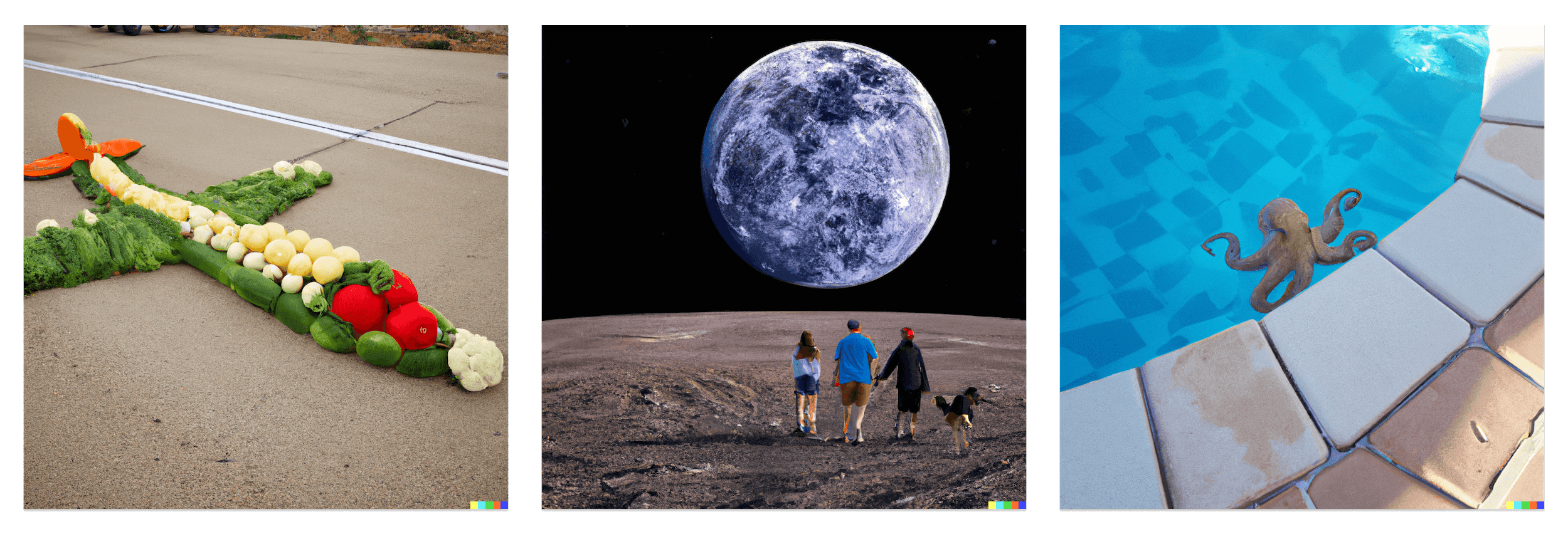 From left to right: a small aircraft-shaped pile of vegetables, comprised of broccoli, cauliflower, and tomatoes, a photo of 3 people and a dog walking on the surface of the moon with the earth in the background, and a photo of a small octopus near the wall of a swimming pool