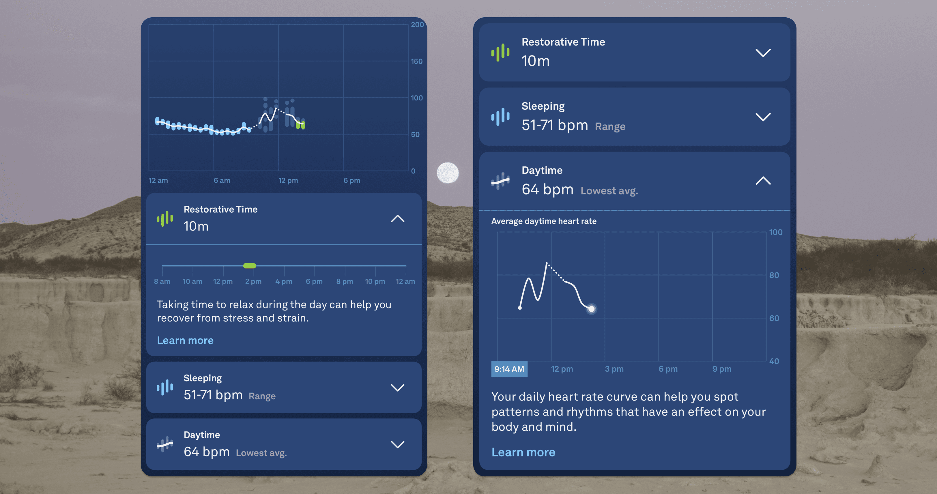 A heart rate graph with more data, showing daytime heart rate and recovery periods